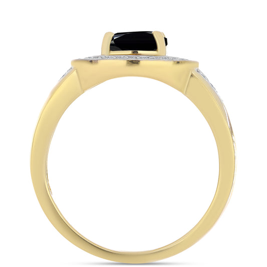 Goldplattierter Silberring mit schwarzem Onyx und weißem Topas