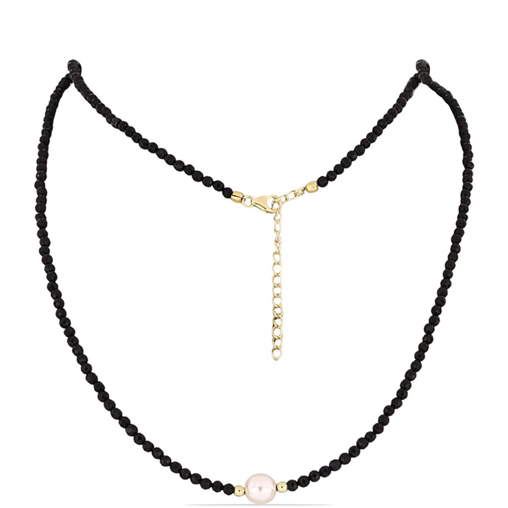 Goldplattierte Silberhalskette mit schwarzem Onyx und weißer Süßwasserperle 1 