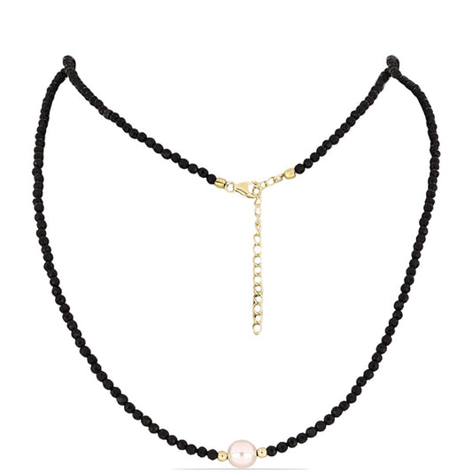 Goldplattierte Silberhalskette mit schwarzem Onyx und weißer Süßwasserperle