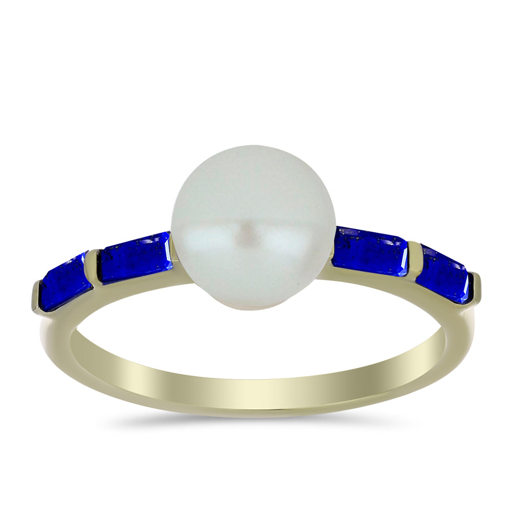 Goldplattierter Silberring mit Lapislazuli und weißer Süßwasserperle 1 