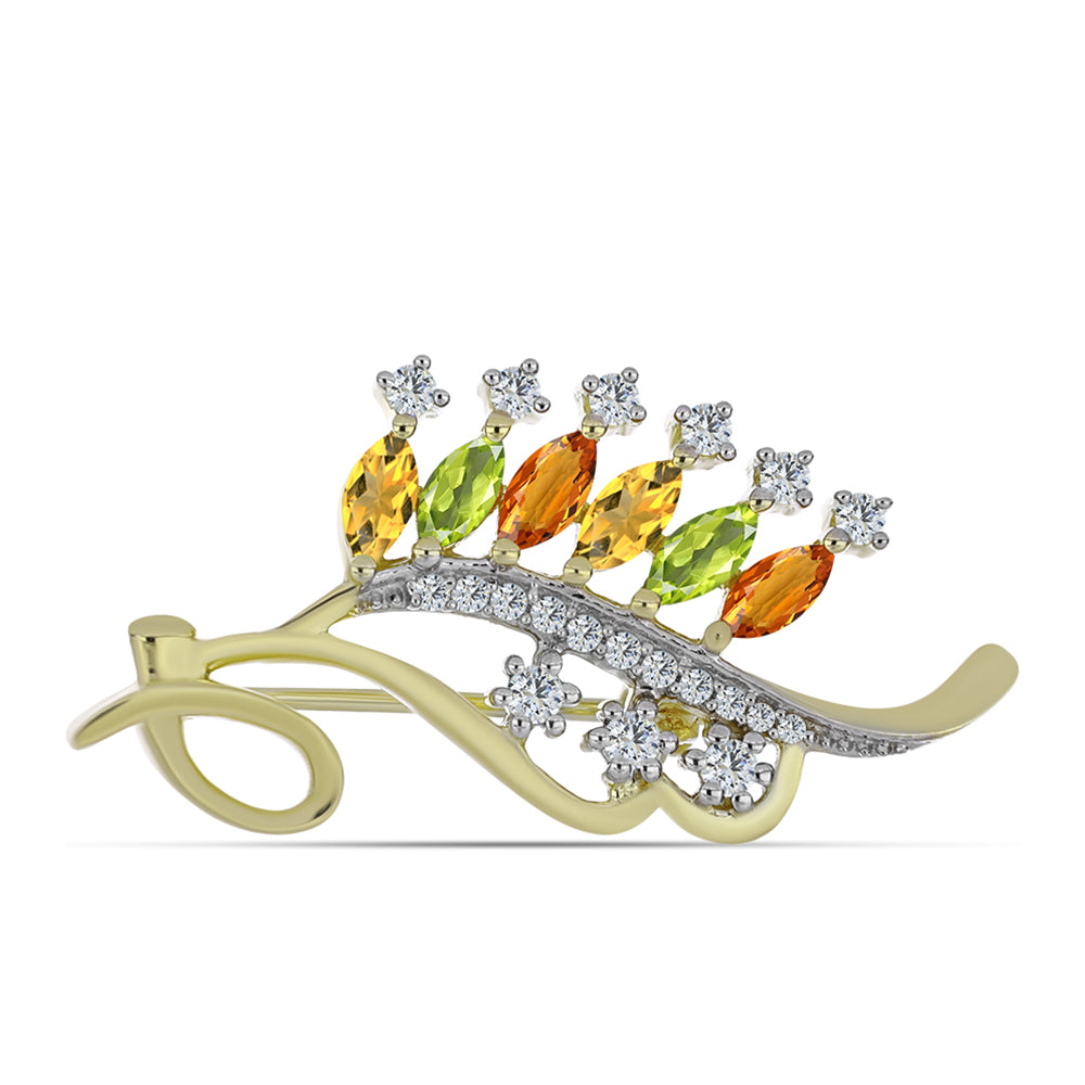 Goldplattierte Silberbrosche mit Regenbogensaphir und weißem Topas