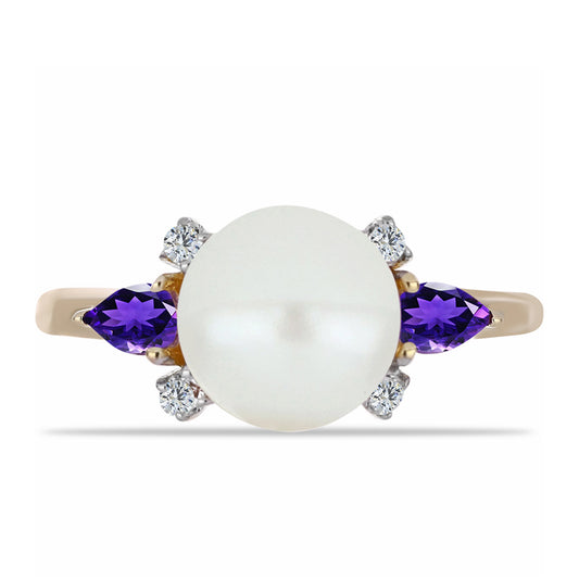 Goldplattierter Silberring mit marokkanischem Amethyst und weißer Süßwasserperle