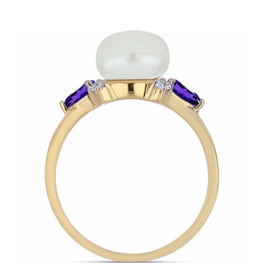 Goldplattierter Silberring mit marokkanischem Amethyst und weißer Süßwasserperle