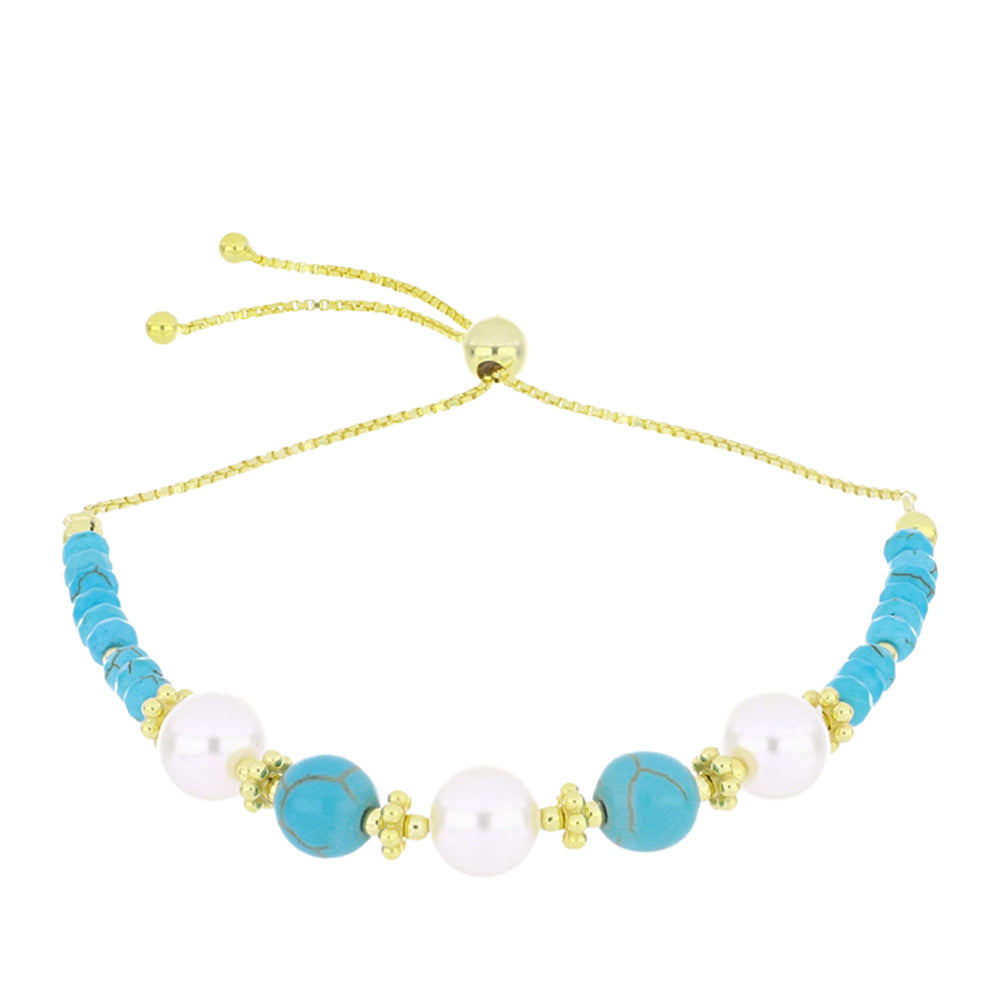 Goldplattiertes Silberarmband mit Dornröschen Türkis und weißer Süßwasserperle 1 