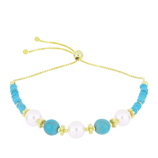 Goldplattiertes Silberarmband mit Dornröschen Türkis und weißer Süßwasserperle