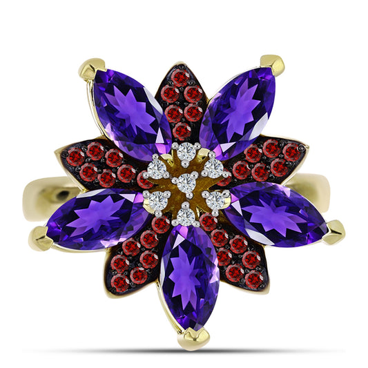 Goldplattierter Silberring mit marokkanischem Amethyst und Barton Granat