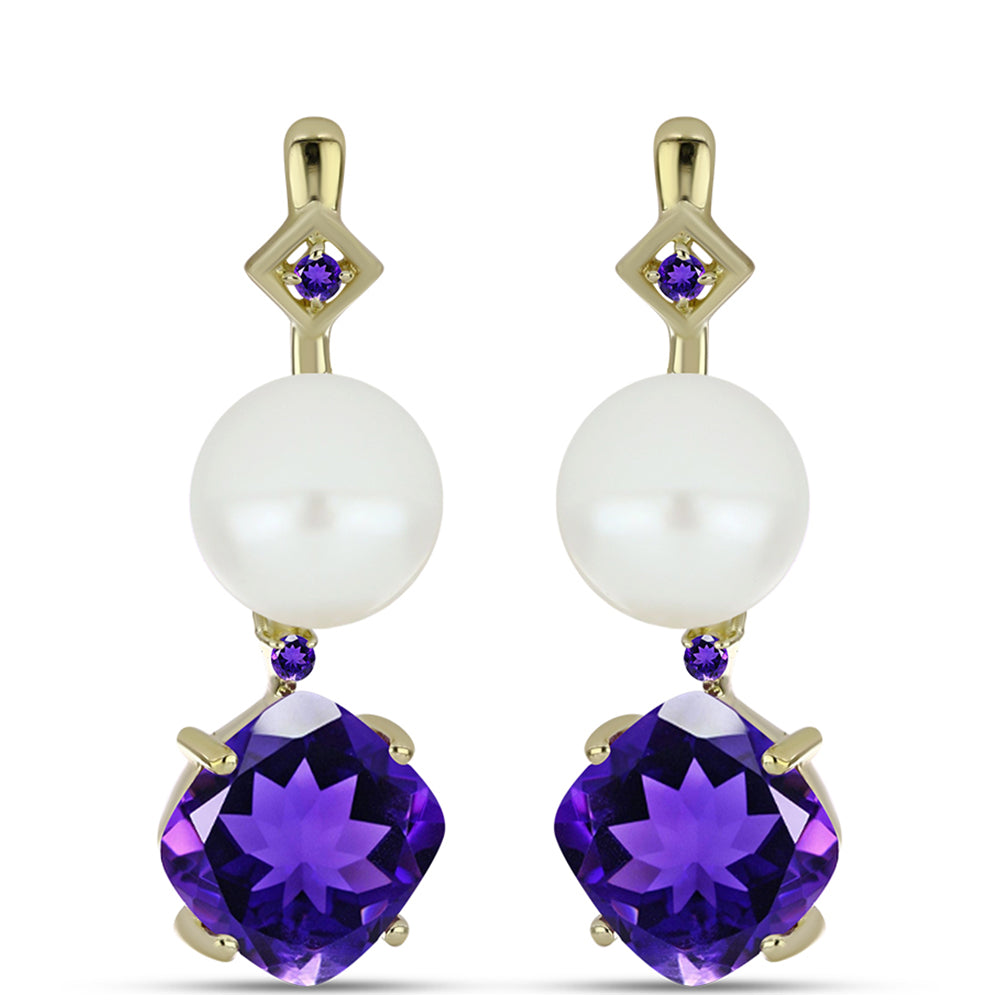 Goldplattierte Silberohrringe mit marokkanischem Amethyst und weißer Süßwasserperle