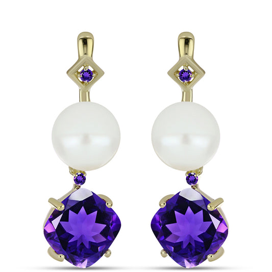 Goldplattierte Silberohrringe mit marokkanischem Amethyst und weißer Süßwasserperle
