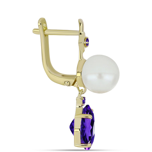 Goldplattierte Silberohrringe mit marokkanischem Amethyst und weißer Süßwasserperle