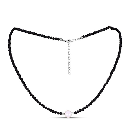 Silberhalskette mit Obsidian und weißer Süßwasserperle