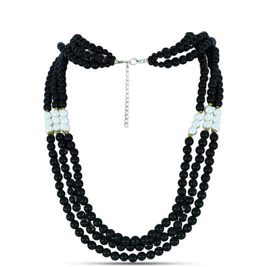 Silberhalskette mit Obsidian und weißer Süßwasserperle