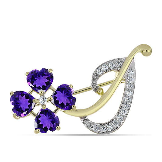 Goldplattierte Silberbrosche mit marokkanischem Amethyst und weißem Topas