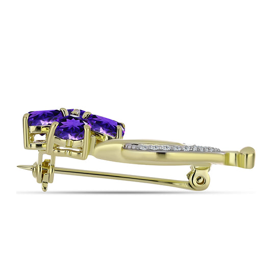 Goldplattierte Silberbrosche mit marokkanischem Amethyst und weißem Topas