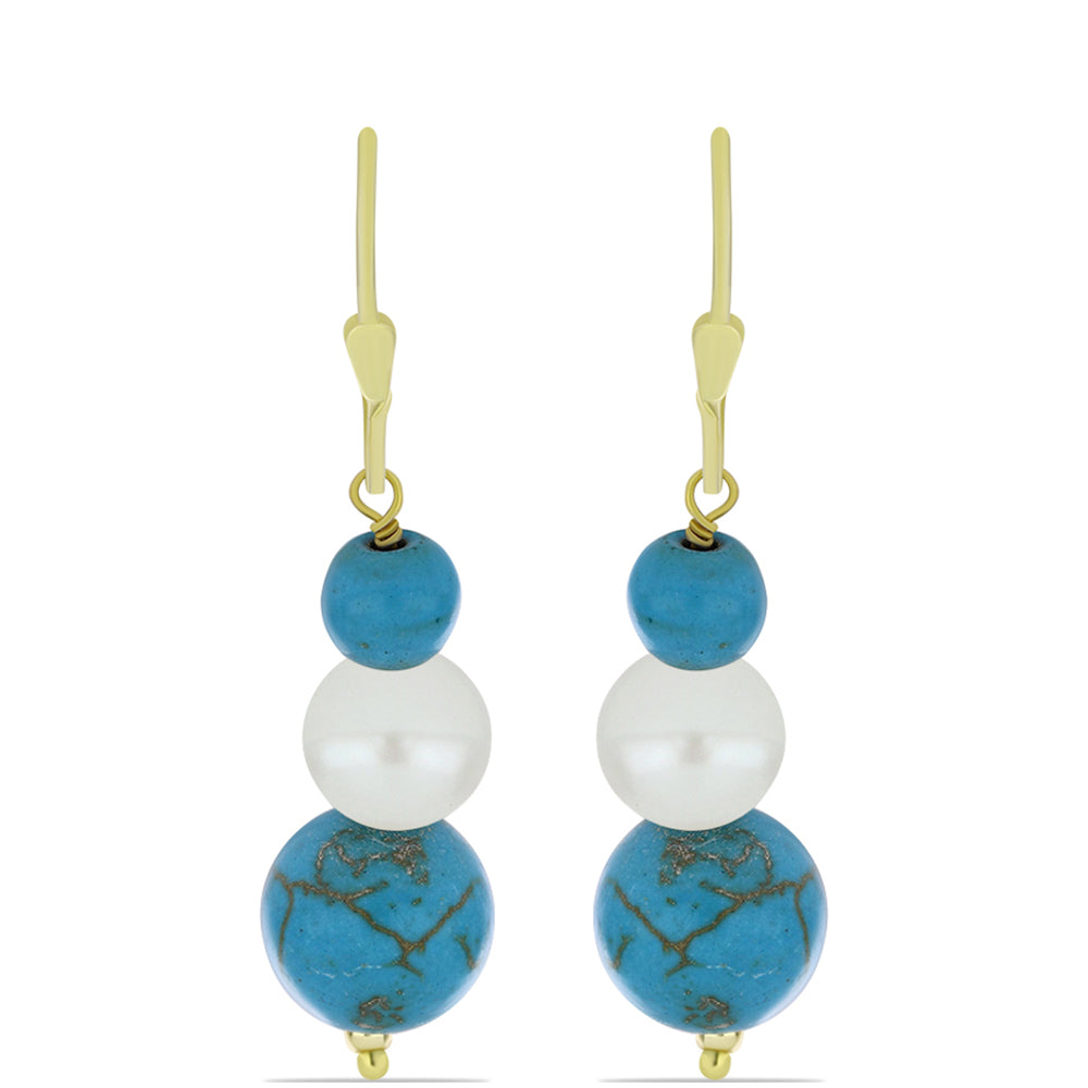 Goldplattierte Silberohrringe mit Dornröschen Türkis und weißer Süßwasserperle