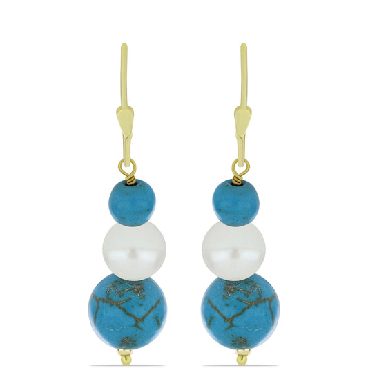 Goldplattierte Silberohrringe mit Dornröschen Türkis und weißer Süßwasserperle