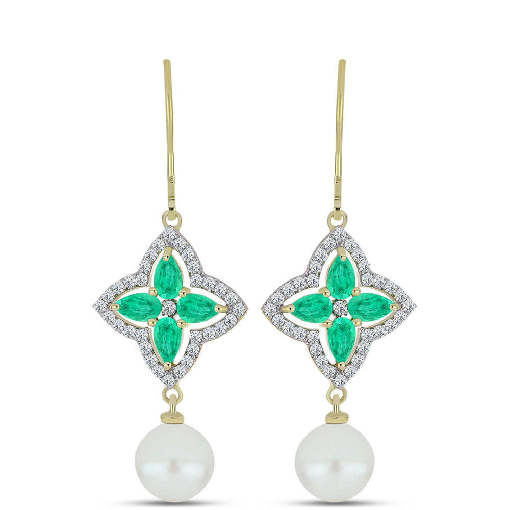 Goldplattierte Silberohrringe mit kolumbianischem Smaragd und weißer Süßwasserperle