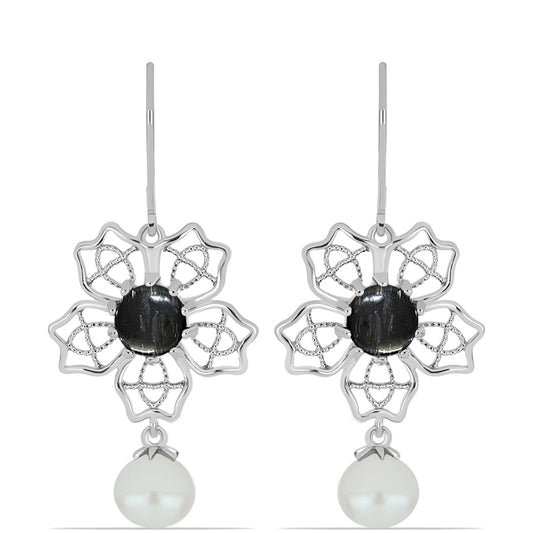 Silberohrringe mit Picasso Jaspis und weißer Süßwasserperle