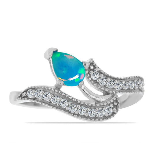 Silberring mit blauem äthiopischem Opal aus Lega Dembi und weißem Zirkon