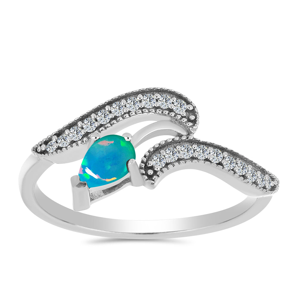 Silberring mit blauem äthiopischem Opal aus Lega Dembi und weißem Zirkon
