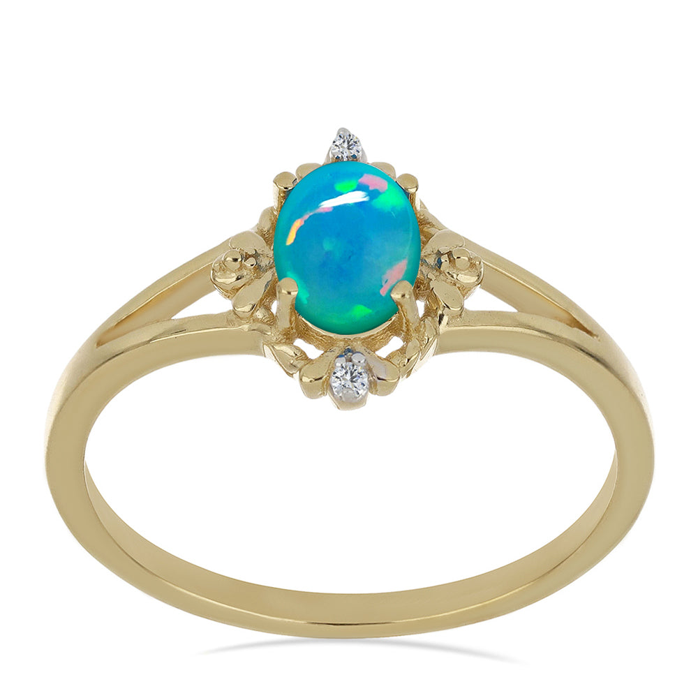 Goldplattierter Silberring mit blauem äthiopischem Opal aus Lega Dembi und weißem Zirkon
