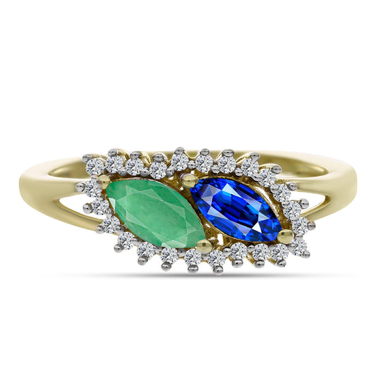 Goldplattierter Silberring mit australischem blauem Saphir und brasilianischem Smaragd