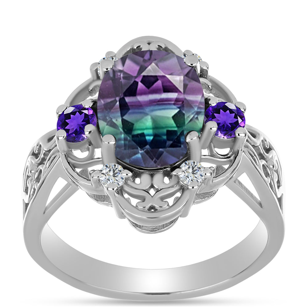 Silberring mit Zebrafluorit und marokkanischem Amethyst