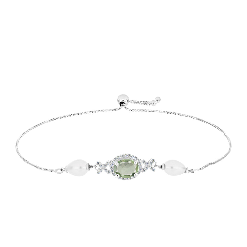 Silberarmband mit grünem Amethyst und weißer Süßwasserperle 1 
