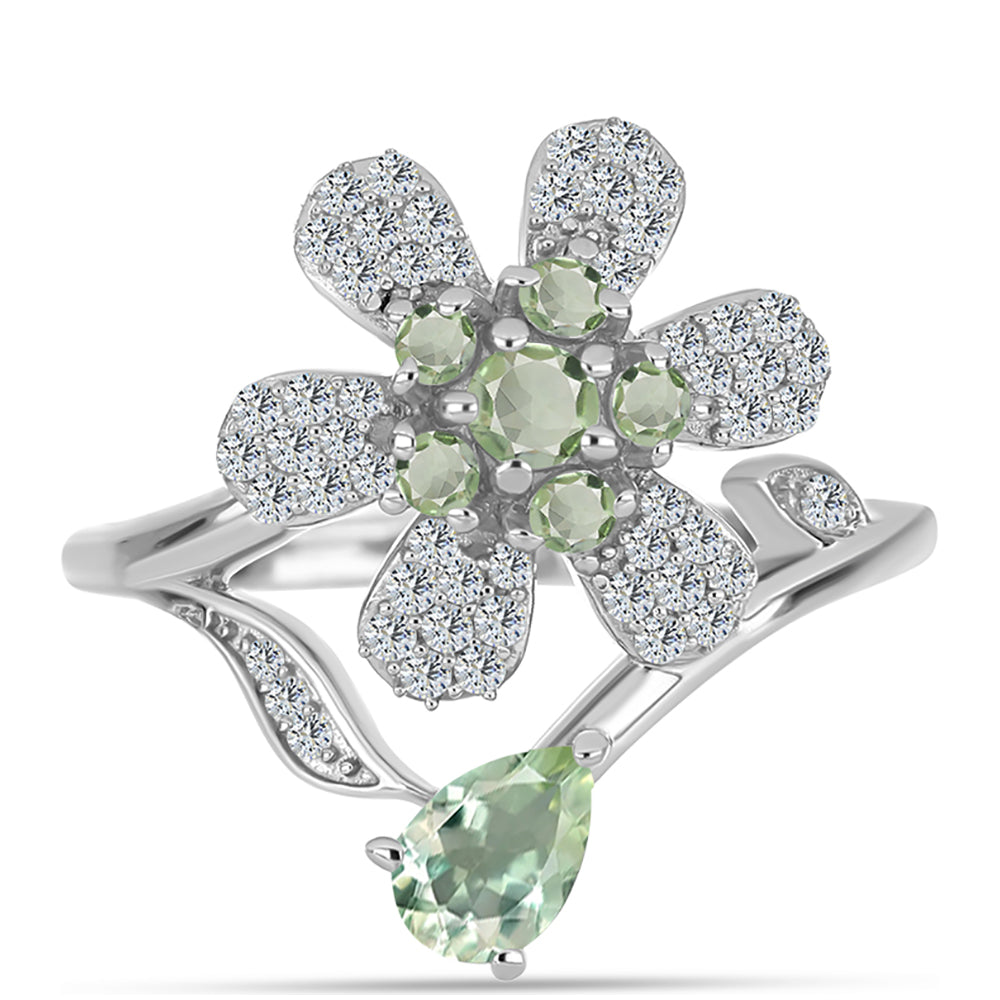 Silberring mit grünem Amethyst und weißem Topas