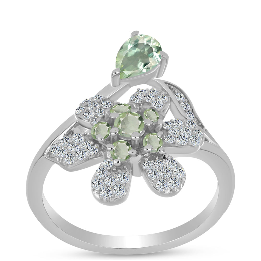 Silberring mit grünem Amethyst und weißem Topas