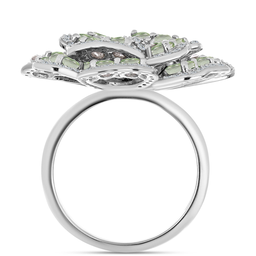 Silberring mit grünem Amethyst und weißem Topas