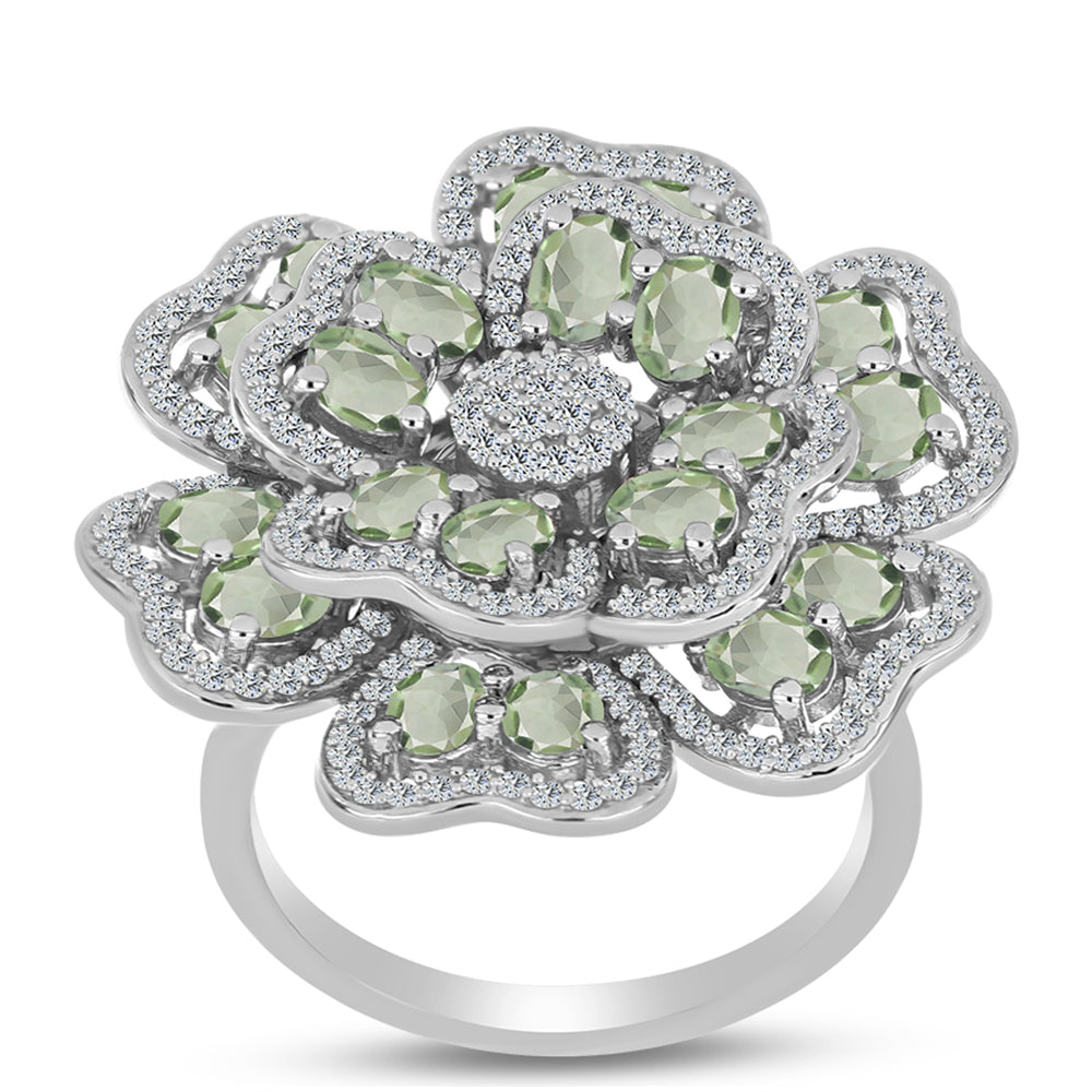 Silberring mit grünem Amethyst und weißem Topas