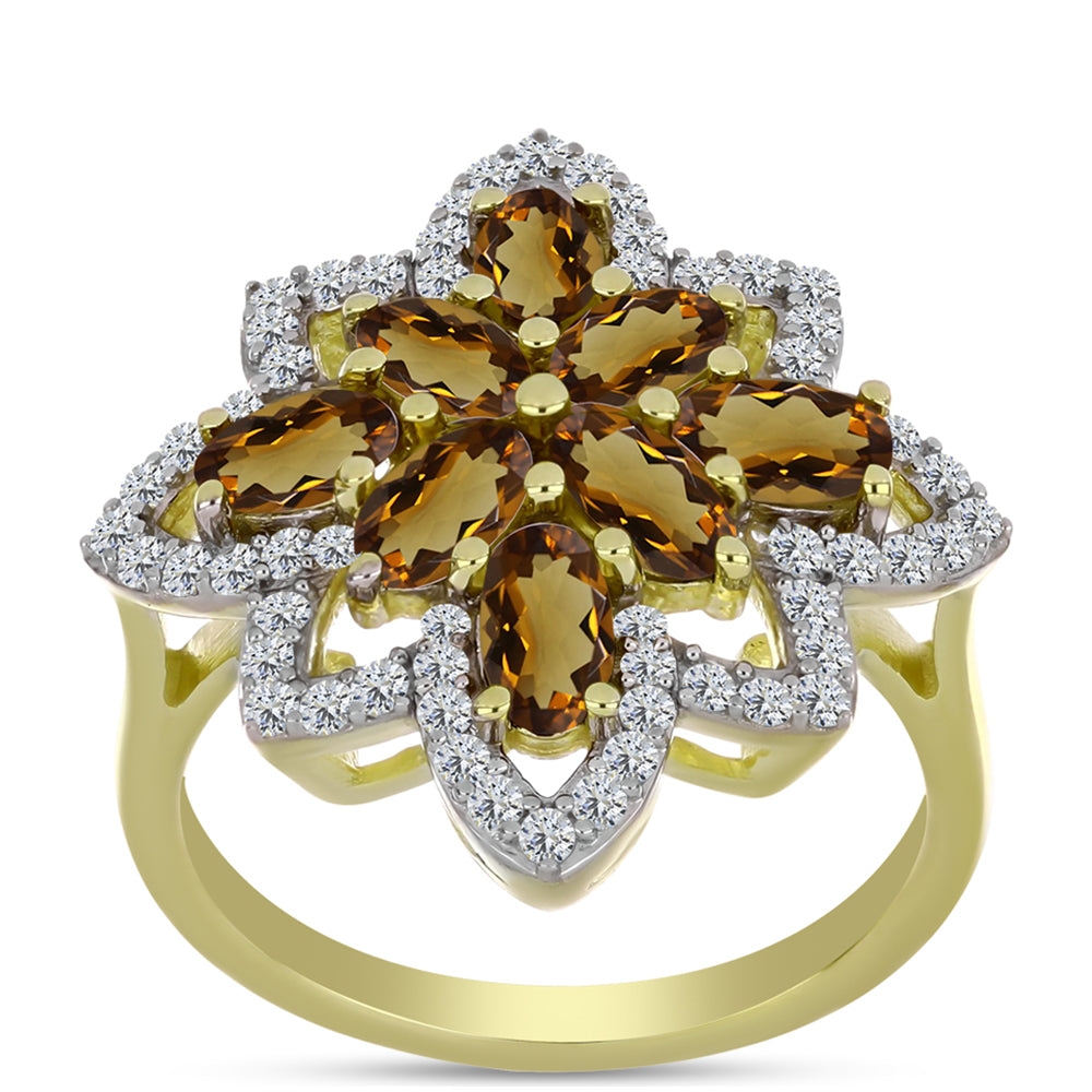 Goldplattierter Silberring mit Cognac-Quarz und weißem Topas