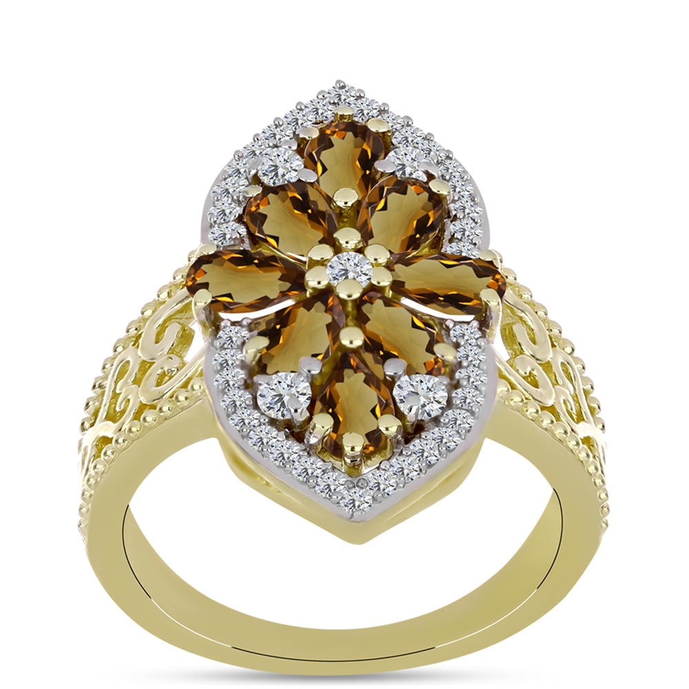 Goldplattierter Silberring mit Cognac-Quarz und weißem Topas