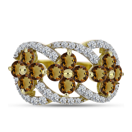 Goldplattierter Silberring mit Cognac-Quarz und weißem Topas