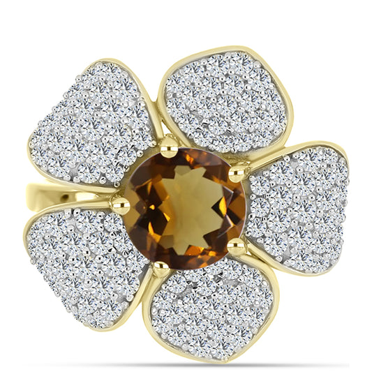 Goldplattierter Silberring mit Cognac-Quarz und weißem Topas