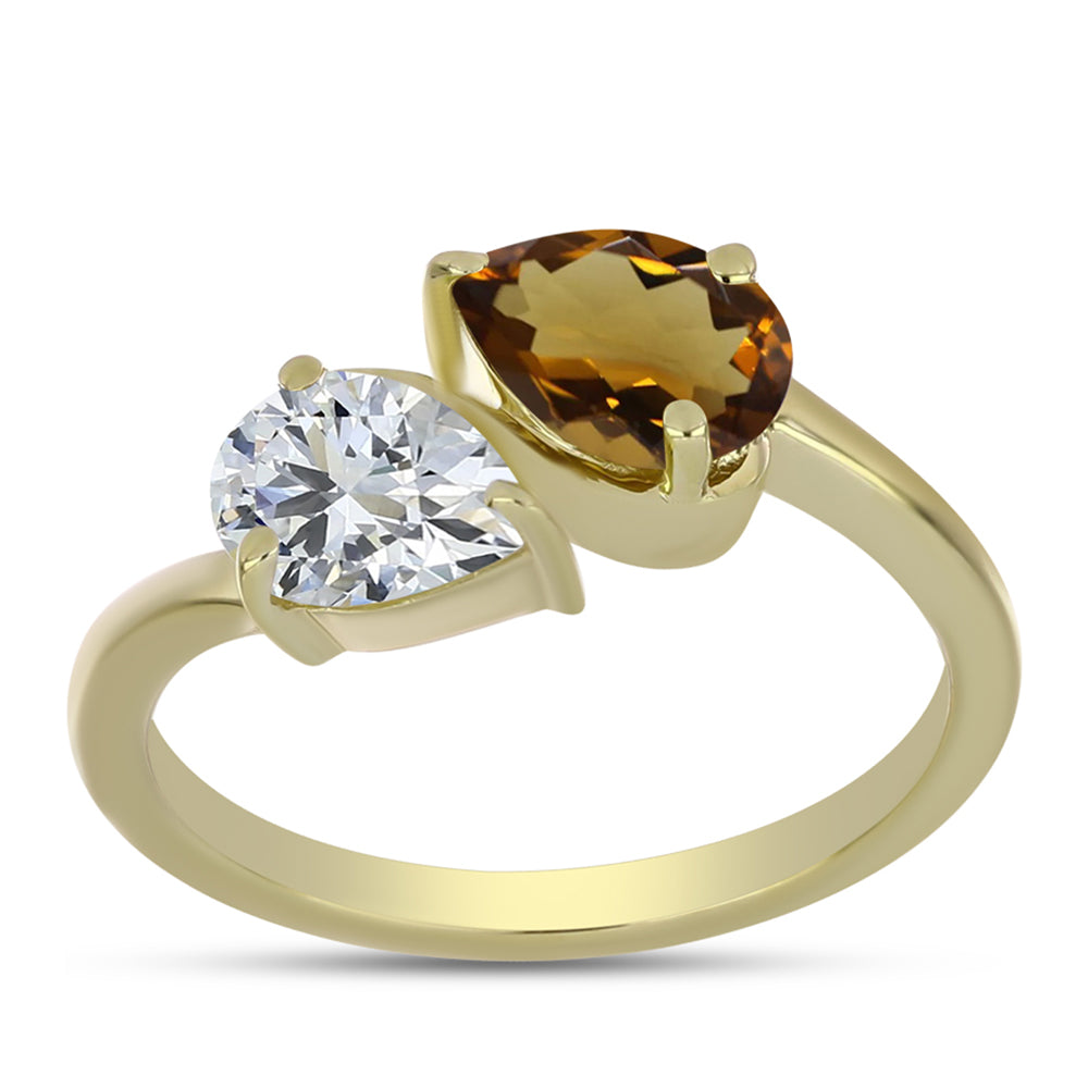 Goldplattierter Silberring mit Cognac-Quarz und weißem Topas