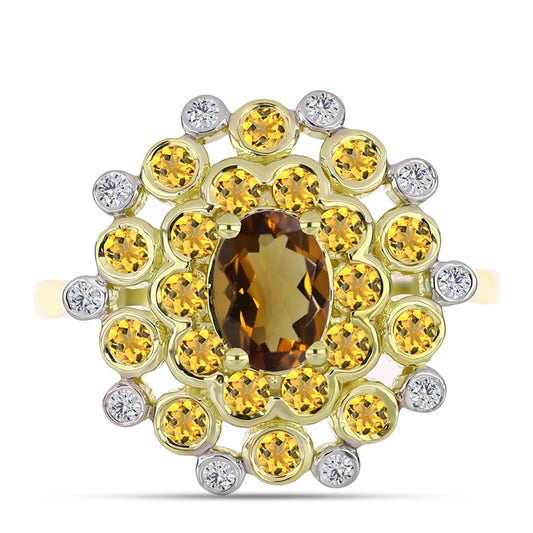 Goldplattierter Silberring mit Cognac-Quarz und weißem Topas