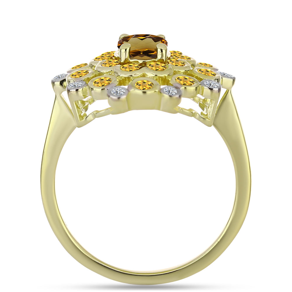 Goldplattierter Silberring mit Cognac-Quarz und weißem Topas