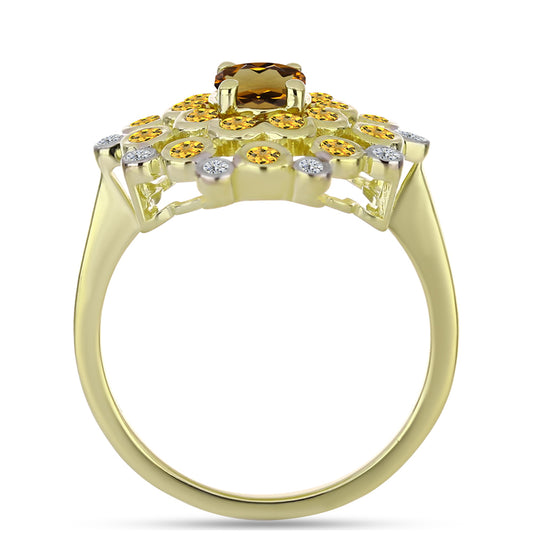 Goldplattierter Silberring mit Cognac-Quarz und weißem Topas