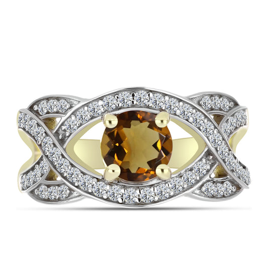 Goldplattierter Silberring mit Cognac-Quarz und weißem Topas