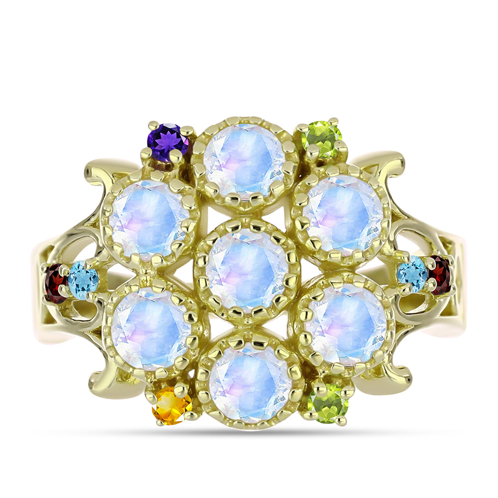 Goldplattierter Silberring mit Regenbogenmondstein und marokkanischem Amethyst