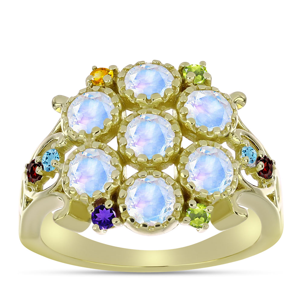 Goldplattierter Silberring mit Regenbogenmondstein und marokkanischem Amethyst