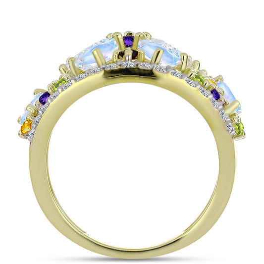 Goldplattierter Silberring mit Regenbogenmondstein und marokkanischem Amethyst