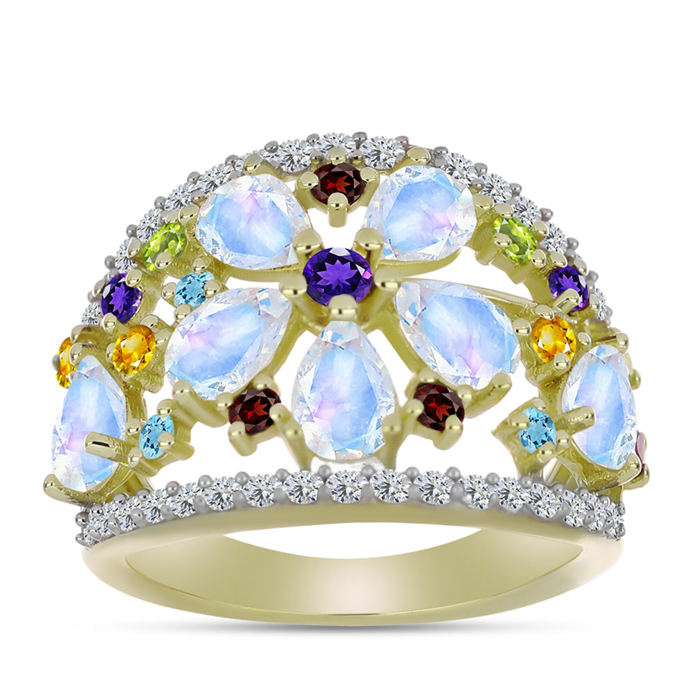 Goldplattierter Silberring mit Regenbogenmondstein und marokkanischem Amethyst