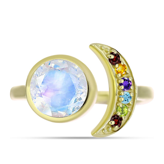 Goldplattierter Silberring mit Regenbogenmondstein und marokkanischem Amethyst