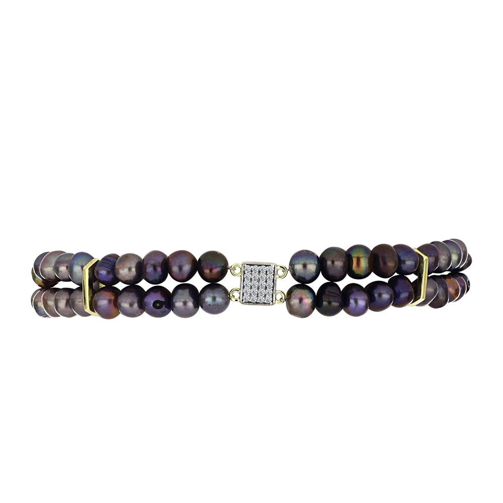 Goldplattiertes Silberarmband mit schwarzer Süßwasserperle und weißem Topas 2 
