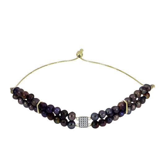 Goldplattiertes Silberarmband mit schwarzer Süßwasserperle und weißem Topas