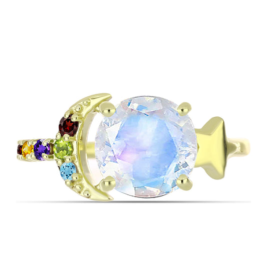 Goldplattierter Silberring mit Regenbogenmondstein und marokkanischem Amethyst