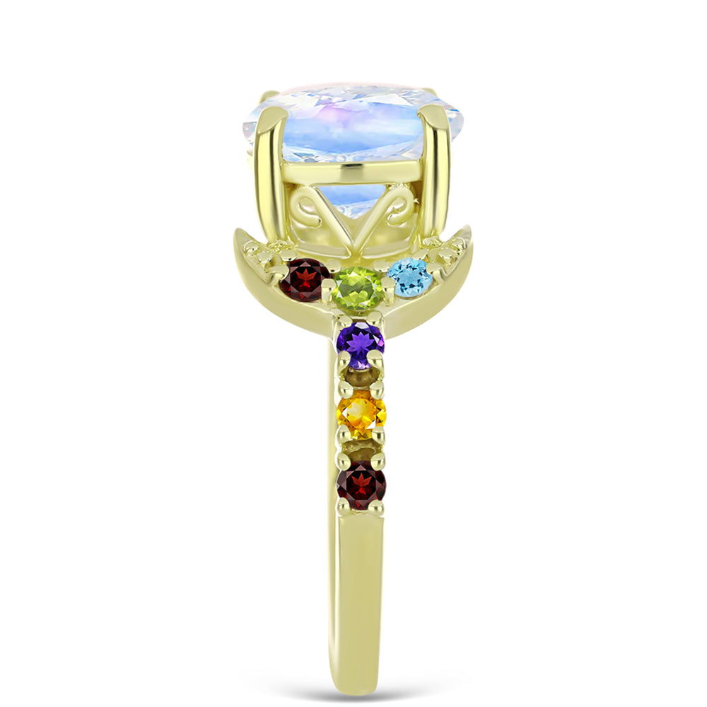 Goldplattierter Silberring mit Regenbogenmondstein und marokkanischem Amethyst