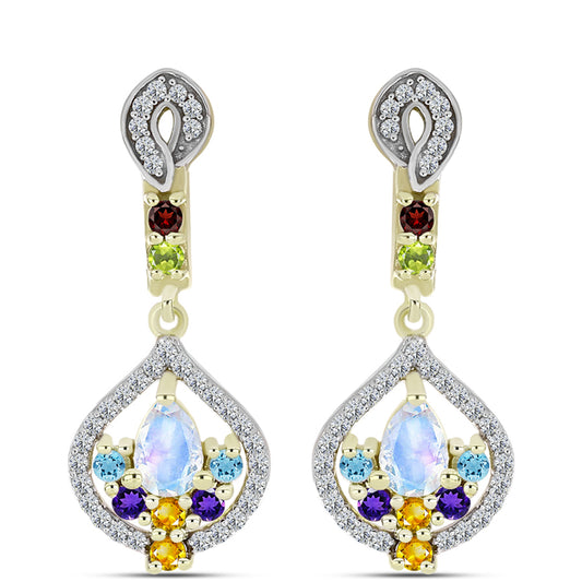 Goldplattierte Silberohrringe mit Regenbogenmondstein und marokkanischem Amethyst